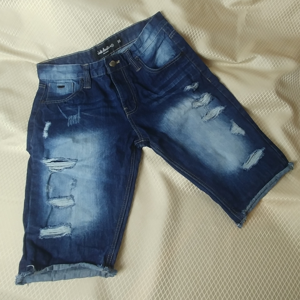 Dark Blue Men's Ripped Jean Shorts - Picture 3 of 6